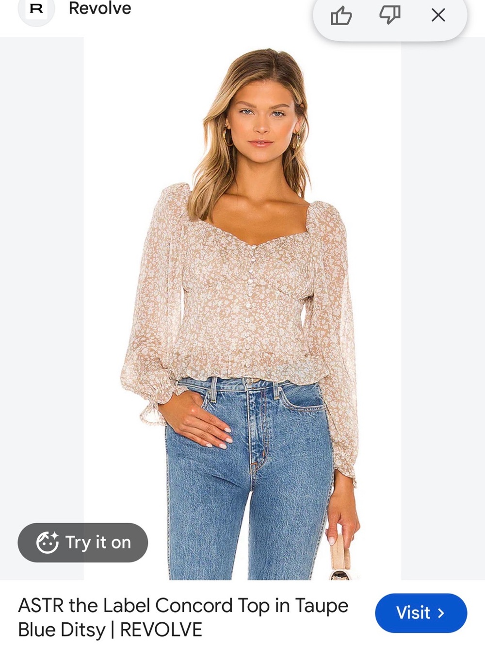 Astr Floral Taupe Blue Puff-Sleeve Blouse NWOT